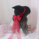 Lolita Halloween Retro Witch Hat Masquerade Rose Big Bow Wizard Hat Gothic Magical Girl Hat Cosplay Accessories Party Decor - Minihomy