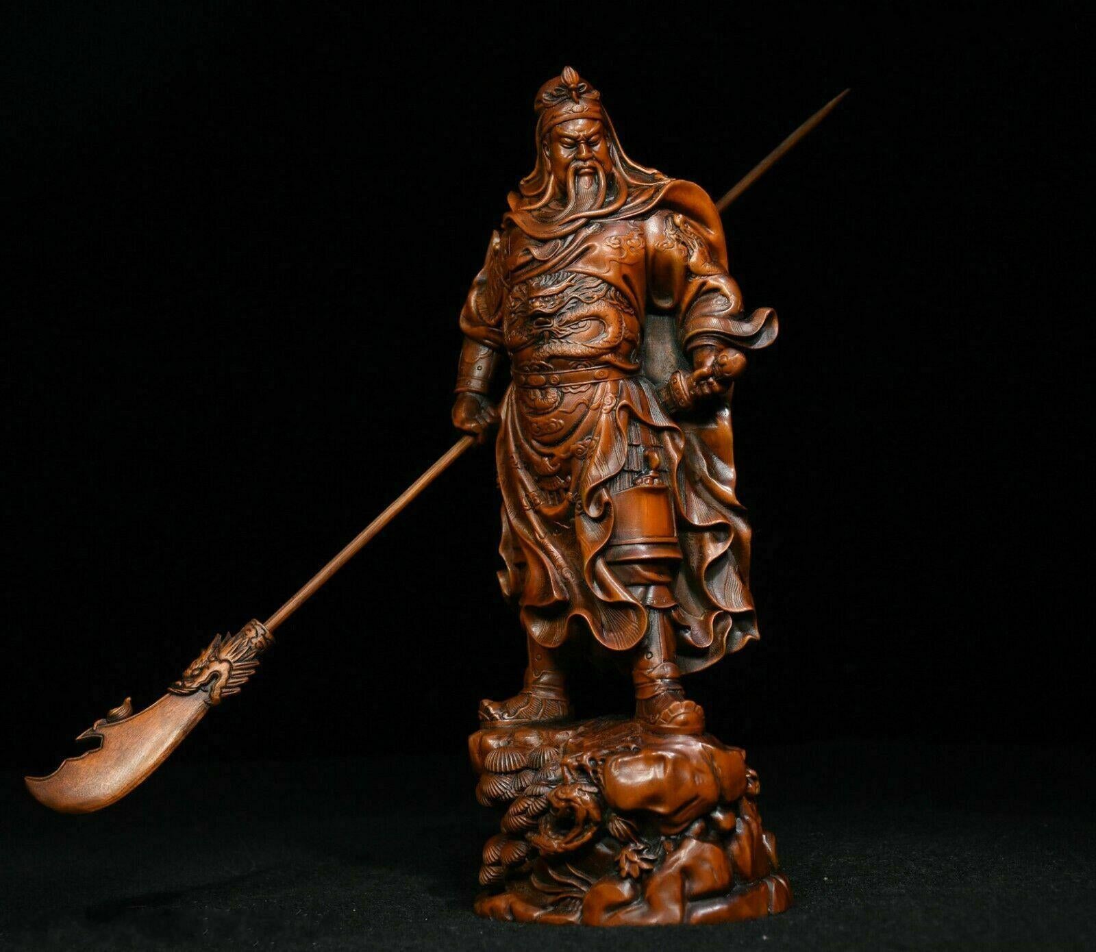 Gongwu God Of Wealth Statue Boxwood Carving Guan Erye Antique Figure Ornaments - Minihomy