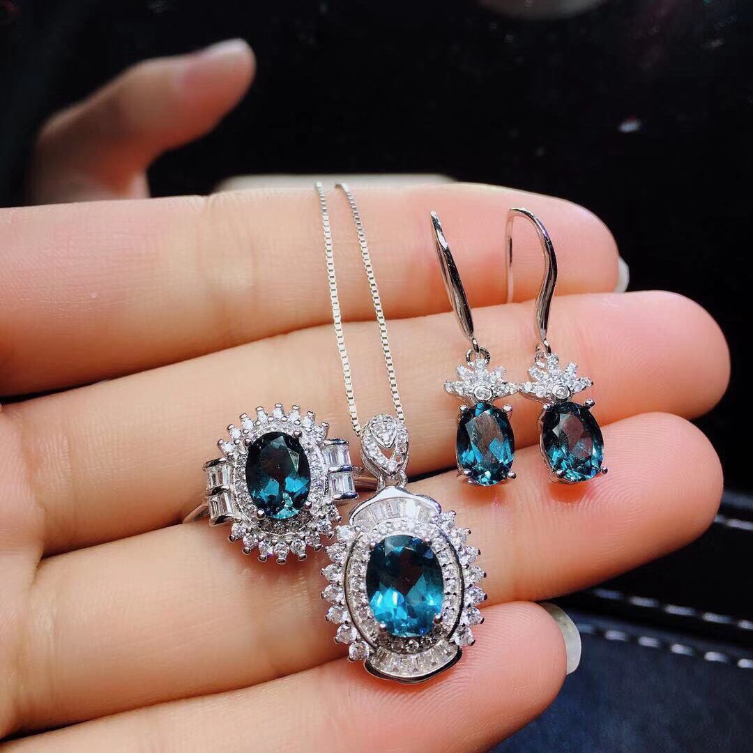 Blue Topaz Ring Pendant Earring Set Crystal S925 Silver Inlay - Minihomy