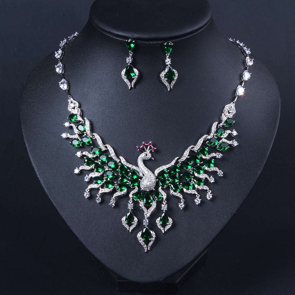 Ethnic Style Zircon Peacock Earring Set Tassel Colorful Clavicle Necklace Jewelry Set - Minihomy