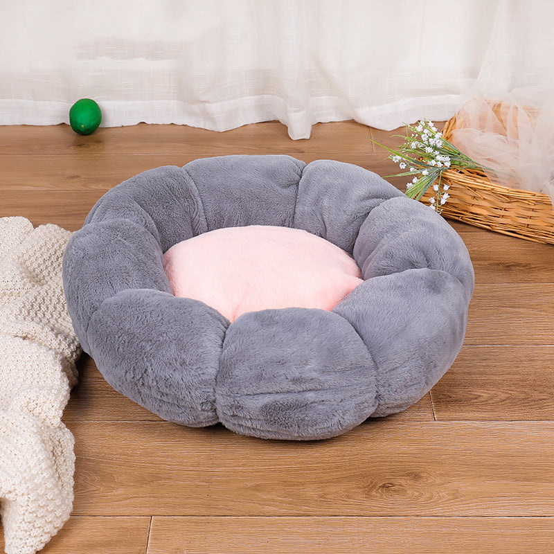 Autumn Winter Plus Velvet Thick Round Flower Cat Litter Kennel - Minihomy