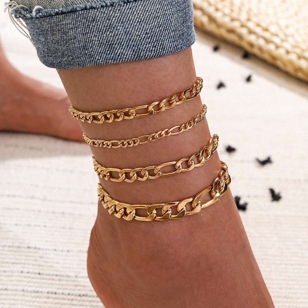 5 Pcs Women Fashion Gold Color Heart Crystal Key Anklets For Women Trendy Snake Chain Anklets For Women Foot Jewelry Gifts - Minihomy