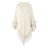 Pure Color Knitted Cape Shawl With Fur Collar