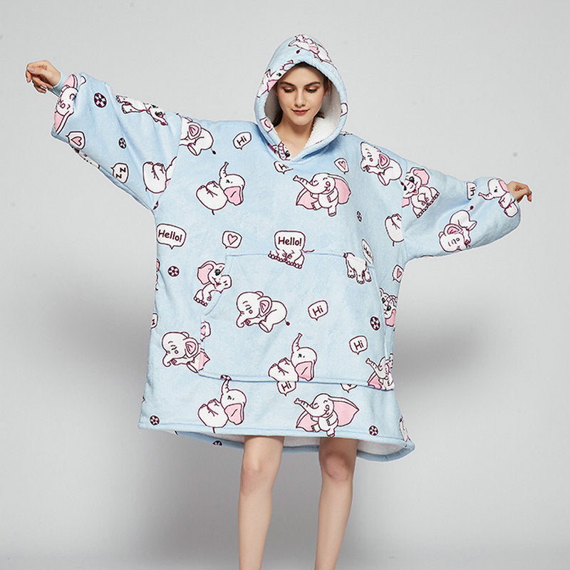 Ovesized Wearable Blanket Hoodie Winter Cute Print Fleece Sleepwaer Warm And Cozy Sofa Homewaer - Minihomy