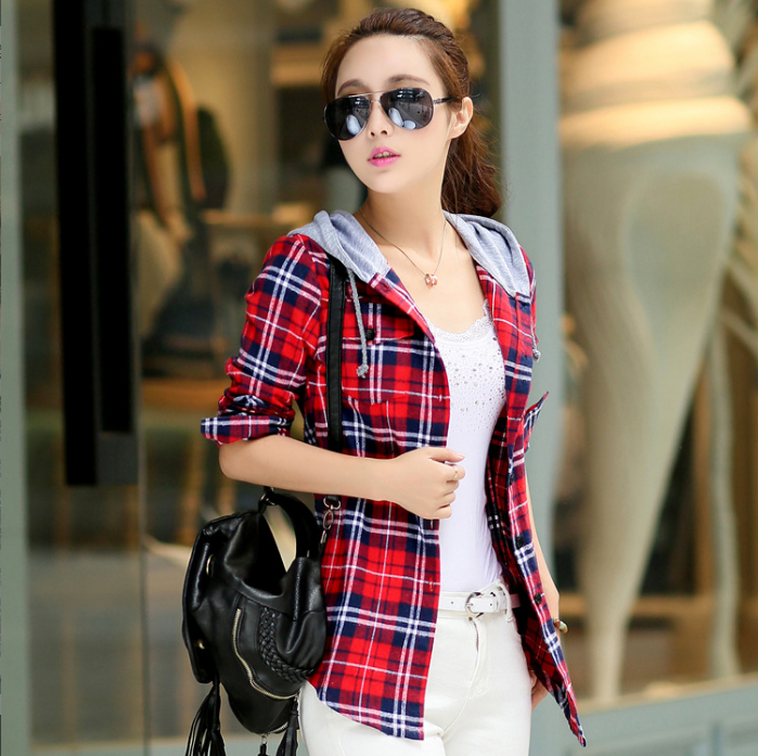 Women's Long-sleeved Plaid Hooded Shirt