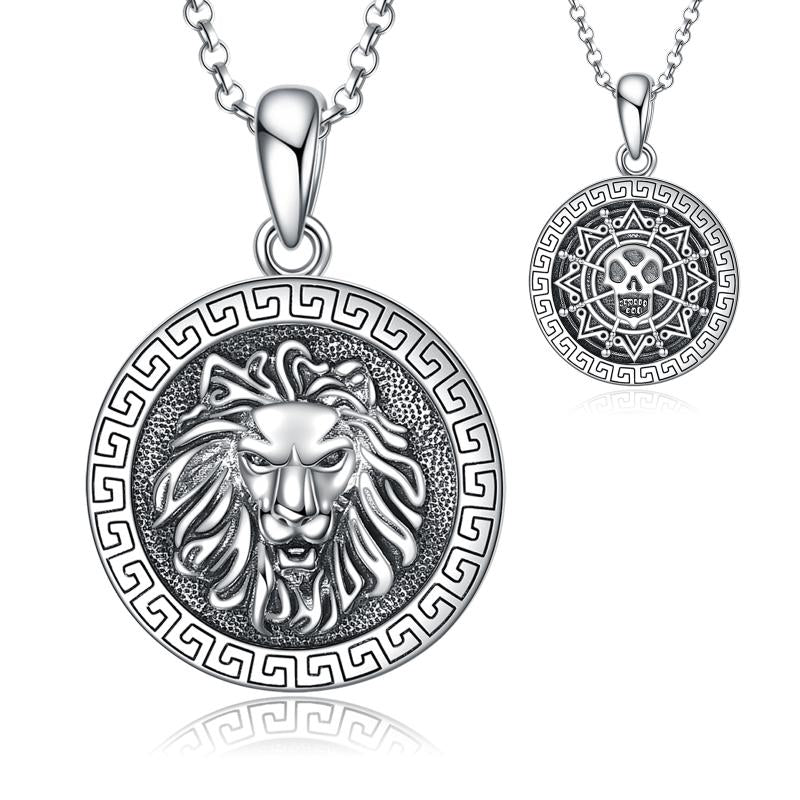 Lion Head Skull Pendant Chain Necklace Sterling Silver Double-Sided Jewelry - Minihomy