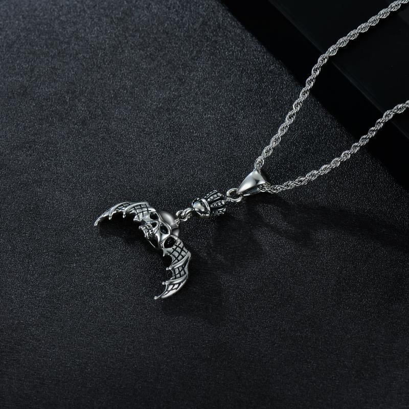 Gothic Skeleton Pendants Necklace with Bat Crown for Men Sterling Silver Matte Gift for Teens - Minihomy