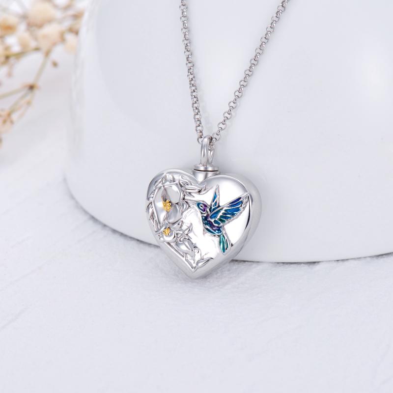 Hummingbird Flower Cremation Urn Necklace for Human Ashes 925 Sterling Silver Heart Keepsake Memorial Locket Holder - Minihomy