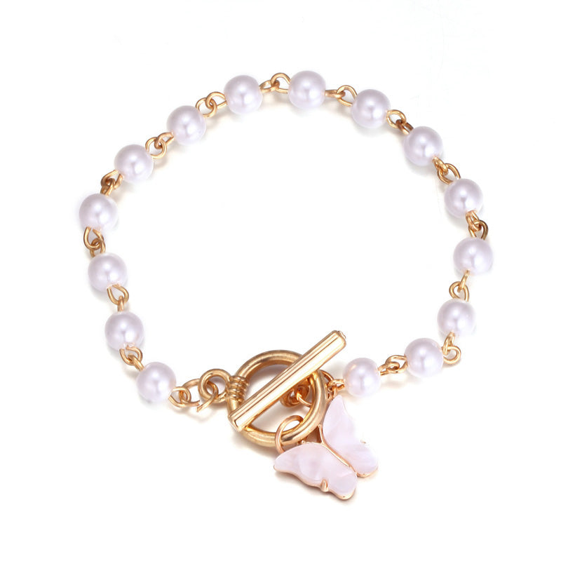 Gold Color Charm Chain Bracelets For Women Pearl Butterfly Alloy Bangle Bracelets - Minihomy