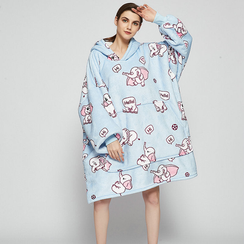 Ovesized Wearable Blanket Hoodie Winter Cute Print Fleece Sleepwaer Warm And Cozy Sofa Homewaer - Minihomy