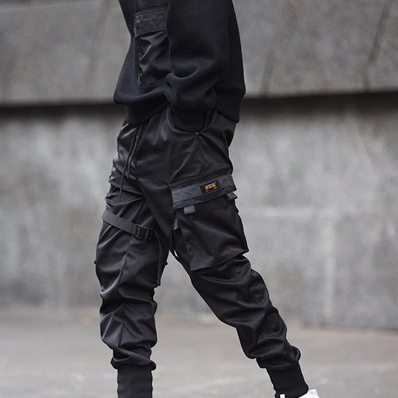 Men Black Hip Hop Cargo Pants Elastic Waist Jogger Trousers - Minihomy