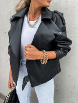 Women PU Leather Top Coat Jacket Loose