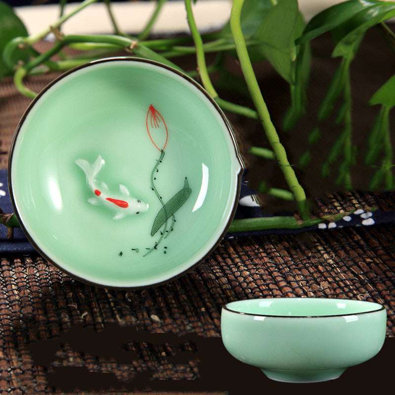 Celadon Hand-painted Ceramic Teacup Kung Fu Tea Set Carp Creative - Minihomy