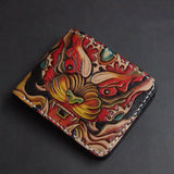 First Layer Cowhide Handmade Leather Carving Wallet Short Carp Couple Gift - Minihomy