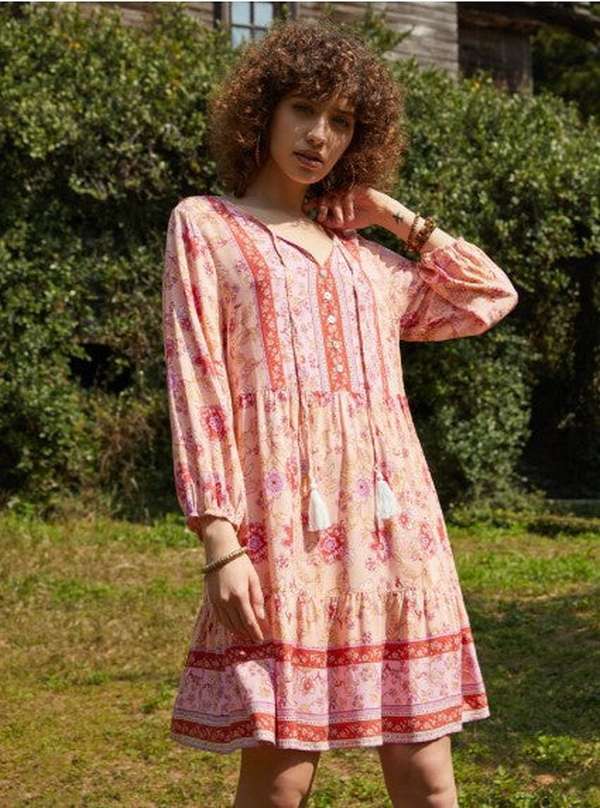 Boho Print Button V-Neck Long Sleeve Fringe Dress - Minihomy