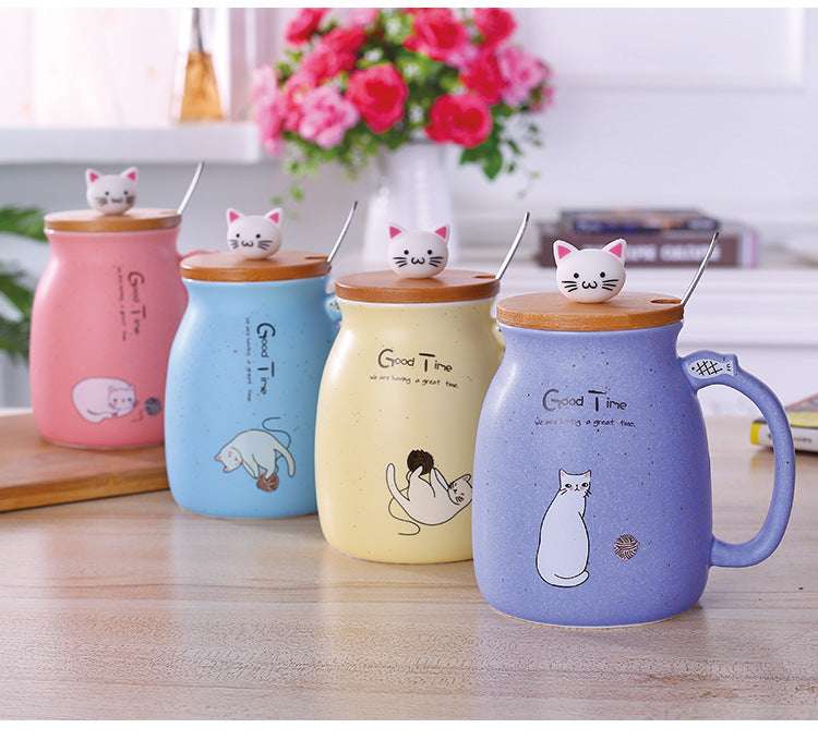 Heat-resistant Cup Cartoon with Lid Cup Kitten Milk Coffee Ceramic Mug Children Cup Office Gifts - Minihomy