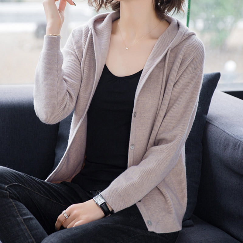 Hooded Sweater Coat Women Long Sleeve Single-breasted Sweaters Clothes - Minihomy