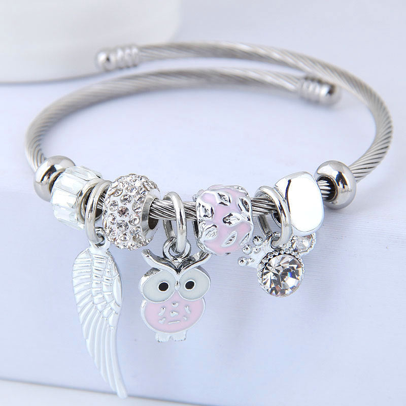 Beaded Owl Angel Wings Pendant Stainless Steel Bracelet - Minihomy