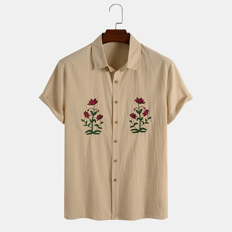 Men's Casual Embroidered Short Sleeve Shirt: Comfort & Style on Point - Minihomy