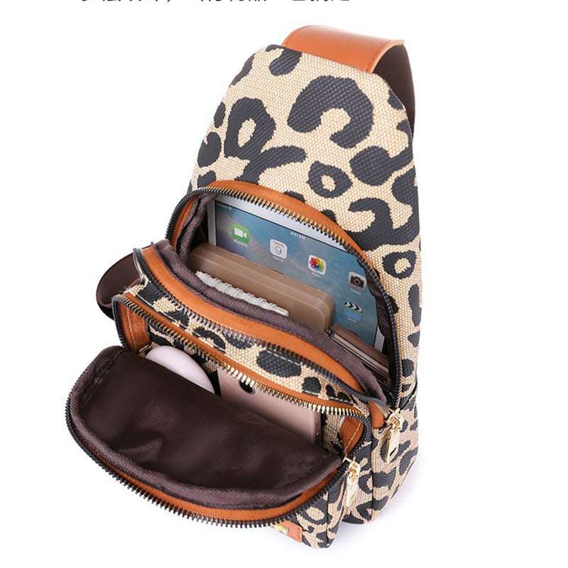 Leopard Print Sling Chest Bag With Headphone Jack Crossbody Backpack Shoulder Bag Women - Minihomy