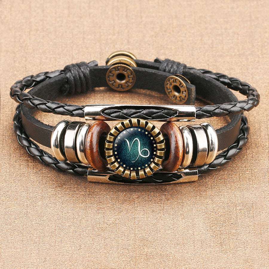 Multilayer Leather Bracelet with 12 Constellation Zodiac Signs - Men's Braided Bracelets - Minihomy