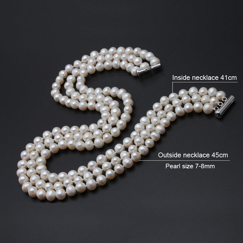 Real pearl necklace silver jewelry,fresh water pearl three stand chocker necklace Jewelry bridal necklace for Women