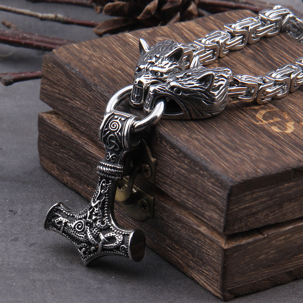 Wolf Head with Square Chain Necklace Thor's hammer Mjolnir Viking Necklace With Wooden Box