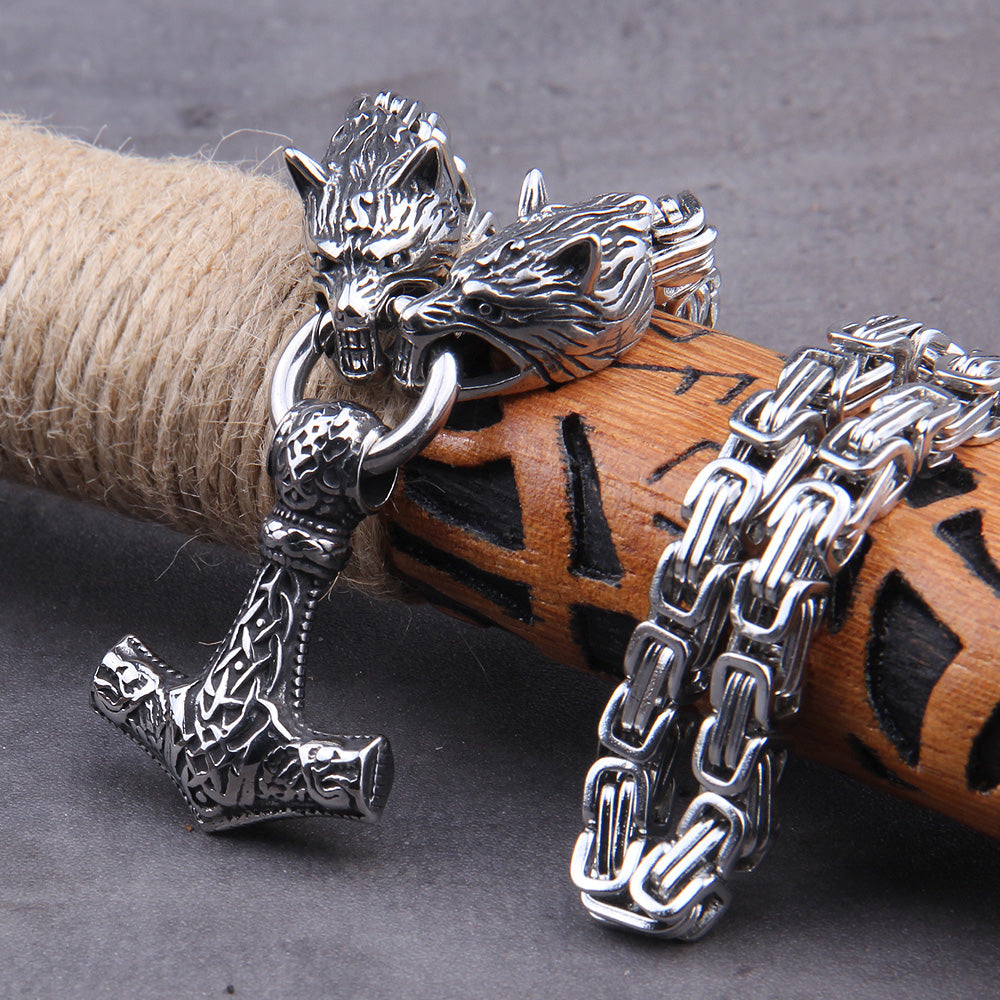 Wolf Head with Square Chain Necklace Thor's hammer Mjolnir Viking Necklace With Wooden Box