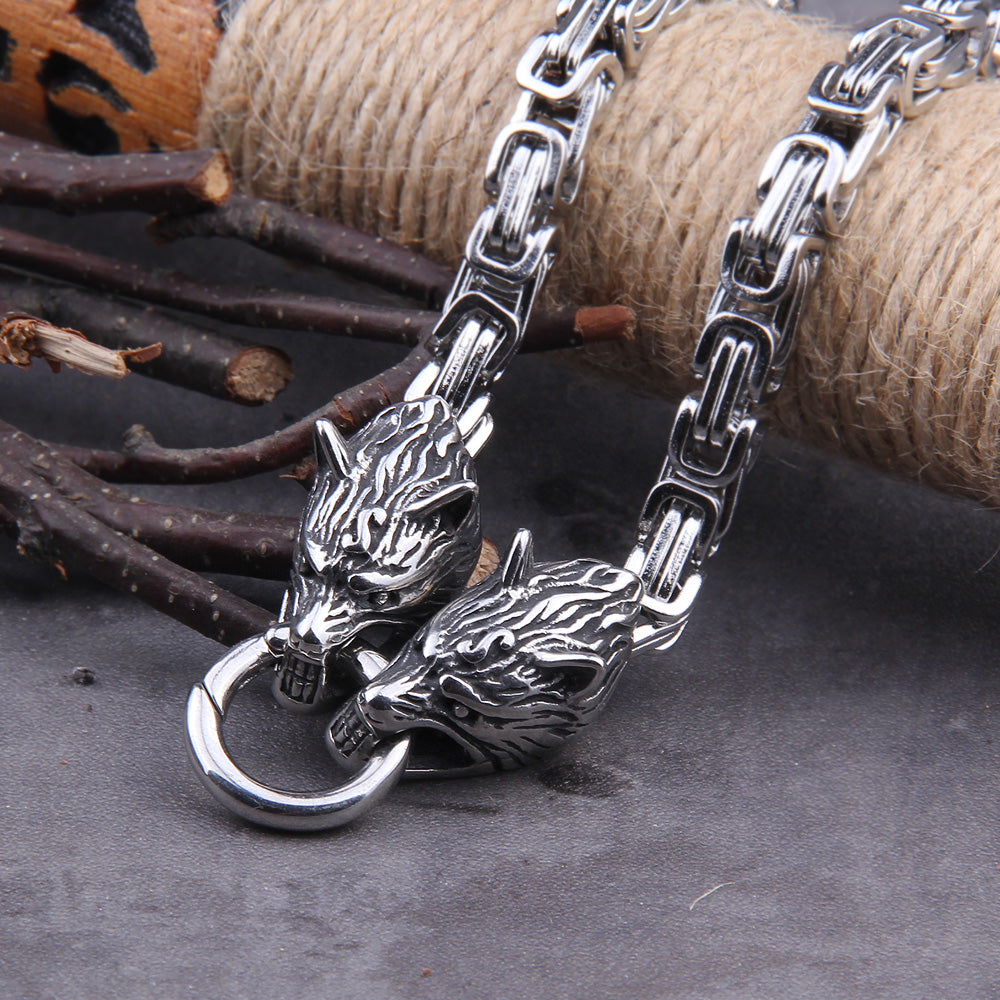 Wolf Head with Square Chain Necklace Thor's hammer Mjolnir Viking Necklace With Wooden Box