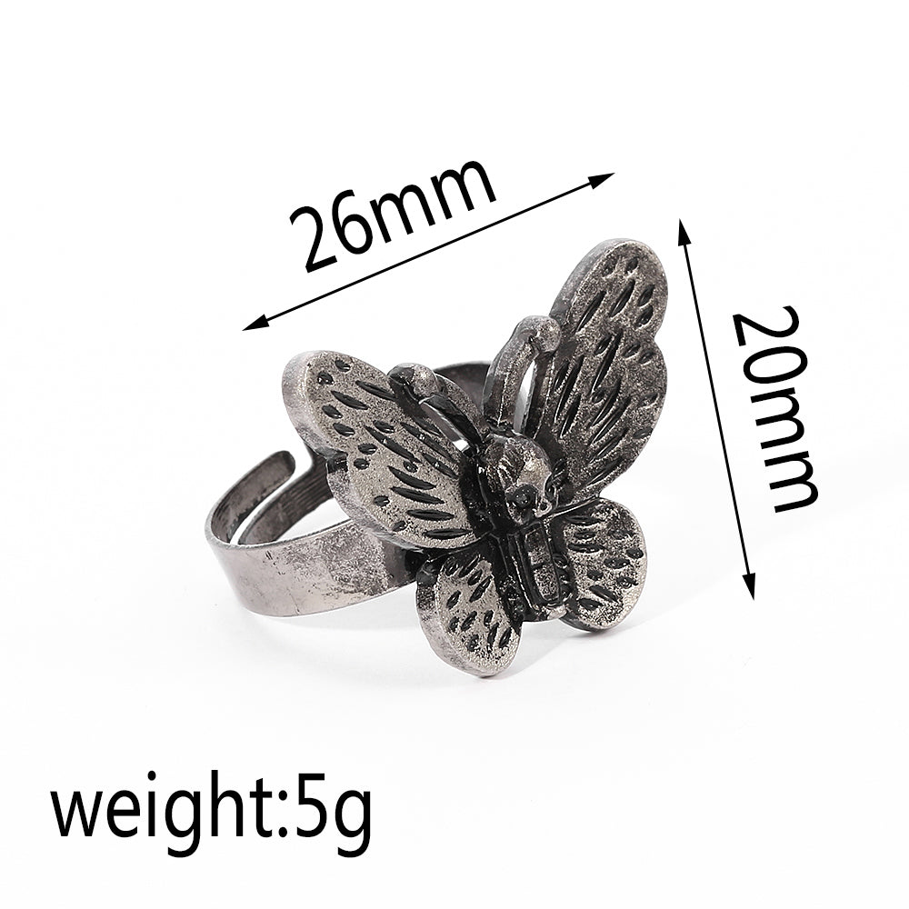 Vintage Punk Butterfly Skull Ring Open Adjustable Strange Ghost Gothic Insect Ring For Women