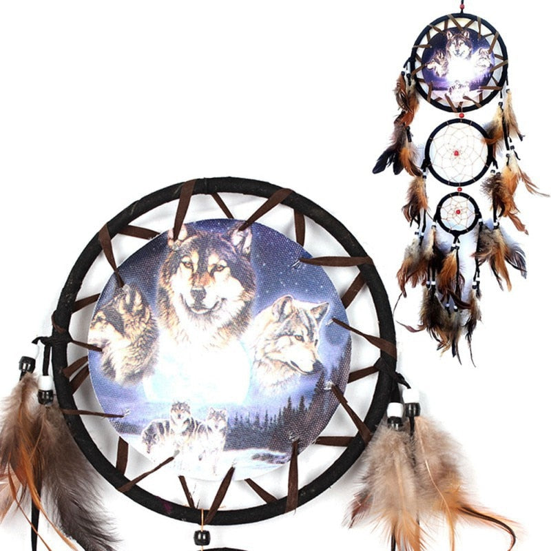 Handmade Feather Dream Catcher Brown Wolf Pattern Wind Chimes For Wall Hanging Ornments Car Home Decoration - Minihomy